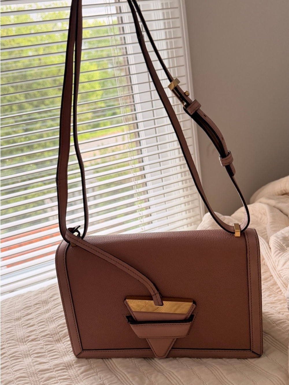Authentic Loewe Barcelona Dusty Mauve Leather Crossbody with Gold-Tone Hardware